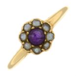 An early 20th century 15ct gold amethyst and split pearl cluster ring.