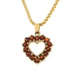 A garnet heart-shape pendant, with 9ct gold chain.