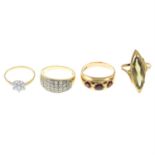 Four 9ct gold gem-set rings.