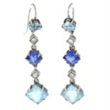 A pair of sapphire, aquamarine and diamond drop earrings.