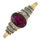 A 9ct gold glass-filled ruby and baguette-cut diamond dress ring.