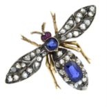 A sapphire and rose-cut diamond fly brooch, with ruby eyes.