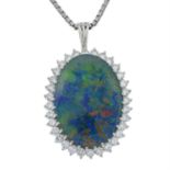 An 18ct gold opal triplet and brilliant-cut diamond cluster pendant, suspended from an 18ct gold