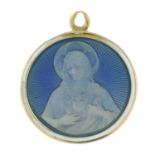 A guilloche enamel 'Immaculate Heart of Mary' disc pendant.