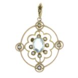 An early 20th century 9ct gold aquamarine and split pearl pendant.