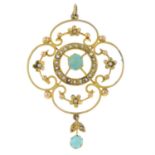 An early 20th century 9ct gold turquoise and split pearl openwork pendant.