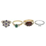 Four 9ct gold gem-set rings.