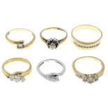Six mostly 9ct gold diamond and gem-set rings.