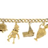 A curb-link charm bracelet, suspending four charms, gathered at a 9ct gold heart-shape padlock