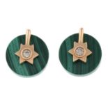 A pair of malachite and diamond stud earrings.