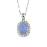 An opal cabohcon and brilliant-cut diamond cluster pendant, with chain.