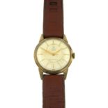 A 9ct gold cased Tudor Royal gents wrist watch, with brown leather strap.