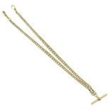 A 9ct gold albert chain, suspending a T-bar.