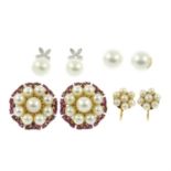 Four pairs of variously designed earrings, to include a pair of 18ct gold cultured pearl and