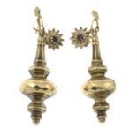 A pair of 9ct gold Victorian paste drop earrings, with daisy motif.