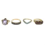 Four 9ct gold gem-set rings.