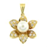 An 18ct gold cultured pearl and diamond pendant.