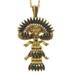 A mid 20th century Aztec Warrior enamel pendant, with chain, attributed to Larry Vrba for