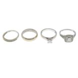 Four rings, to include single stone, a cluster and a half eternity diamond ring and a plain band