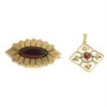 A late 19th century gold red paste memorial brooch and a 9ct gold garnet pendant.