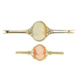 A mid 20th century 9ct gold cameo and split pearl brooch, together with a 9ct gold cameo bar brooch.