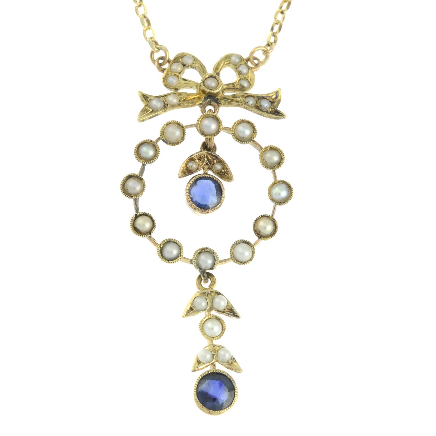 An early 20th century 15ct gold sapphire and split pearl pendant, on later chain.
