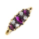 A mid 20th century 18ct gold garnet and single-cut diamond dress ring.