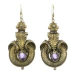 A pair late 19th century amethyst drop earrings.