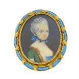 A late 19th century portrait miniature brooch depicting a lady in 18th century dress,