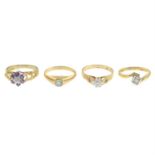 Four 9ct gold gem-set rings.