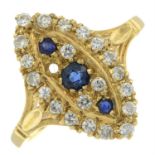 An 18ct gold sapphire and brilliant-cut diamond navette ring. AF.