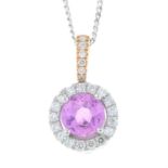 An 18ct gold pink sapphire and brilliant-cut diamond cluster pendant, with chain.
