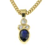 A sapphire and diamond pendant, with 18ct gold chain.