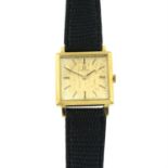 A 9ct gold square shape wrist watch, with leather strap by, Omega.