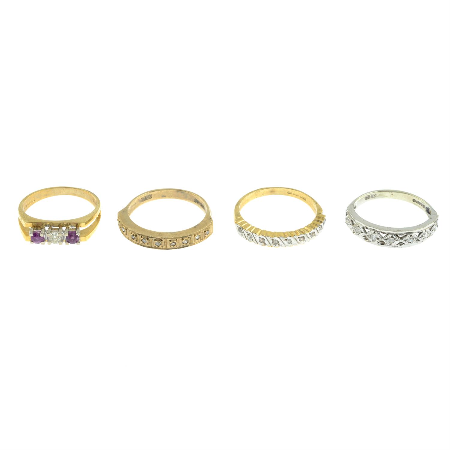 Four 9ct gold gem-set rings.