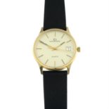 A black leather strapped gents wrist watch by, Garrard.