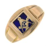 A mid 20th century 9ct gold enamel masonic swivel signet ring.