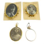 Two early 20th century double sided lockets, together with two similarly aged brooches.