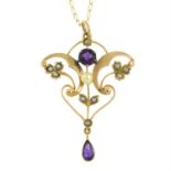 An early 20th century 9ct gold amethyst and split pearl pendant, with later chain.