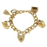 (56757) A 9ct gold charm bracelet, with six charms, one with cultured pearls.