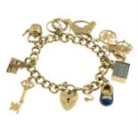 A charm bracelet, suspending ten charms.