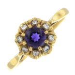 A pair of 18ct gold amethyst and single-cut diamond cluster ring.