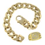 (57246) A 9ct gold curb bracelet and a cubic zirconia signet ring.