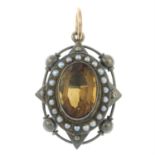 A late Victorian gold citrine and split pearl pendant.