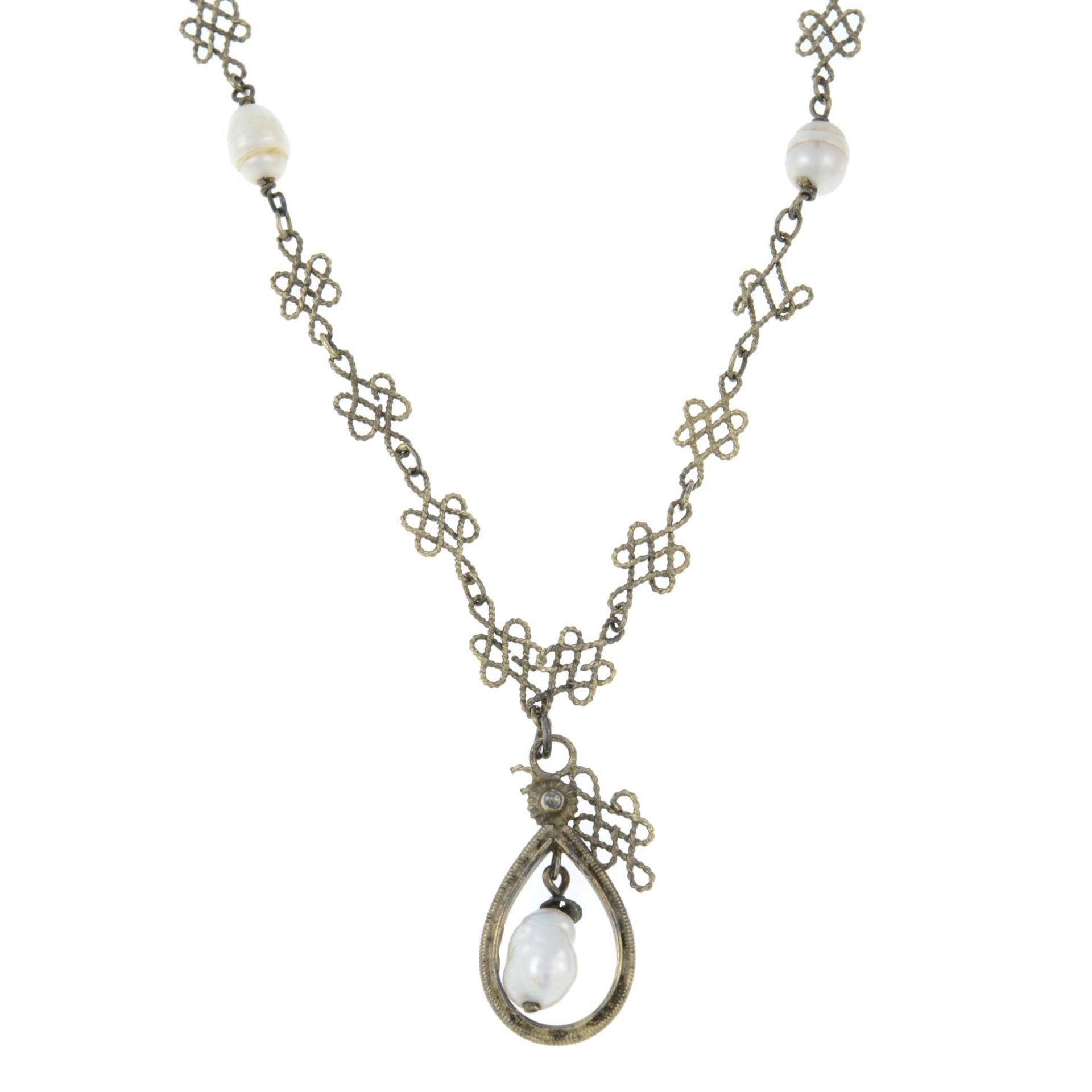 A cultured pearl openwork necklace.