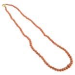 A mid 20th century graduated coral bead single-strand necklace.