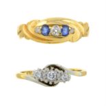 An Edwardian gold sapphire and old-cut diamond ring and a diamond three-stone ring