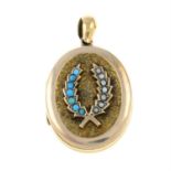 A turquoise and split pearl locket pendant.