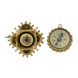 A late 19th century gold gem-set brooch and a 1960s 9ct gold compass charm.
