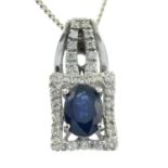 A sapphire and diamond pendant, with 9ct gold chain.